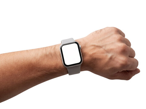 Adult Caucasian man hand wearing a modern smartwatch device