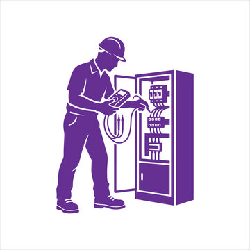 Electrical technician using digital multimeter to test open breaker panel box vector illustration   