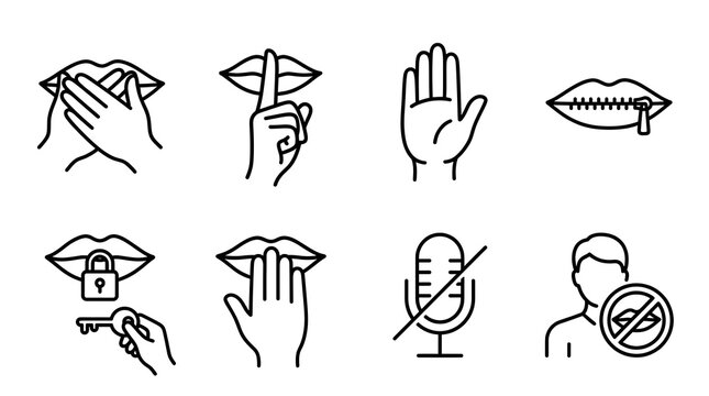 A collection of black and white line art icons depicting various concepts of silence secrecy censorship quiet communication and restricted speech for digital design projects