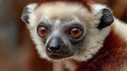 Fototapeta premium A captivating close-up captures the soulful gaze of a lemur, showcasing its expressive eyes, distinctive fur, and unique beauty within the animal kingdom