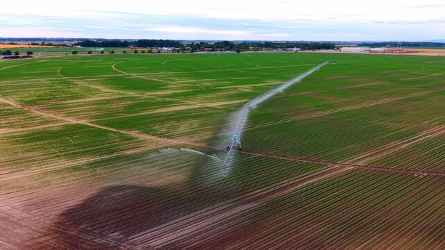 High angle drone shot of center pivot irrigation machine working in field. An automated water sprinkler system waters agricultural crops on brown and green soil.