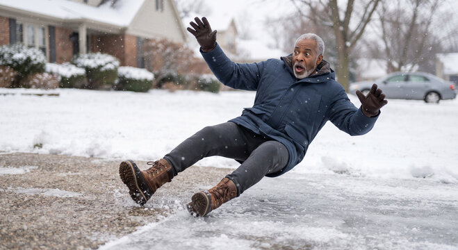 Senior man slipping and falling backwards on an icy driveway covered in snow