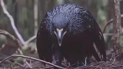 Obraz premium Close-up of a black raven perched on its nest in a dense forest setting