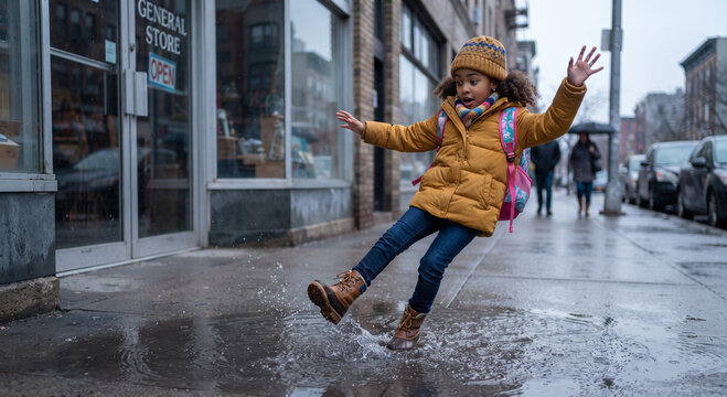Young schoolgirl slipping and splashing into a large wet puddle on a city sidewalk