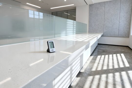 Digital thermometer on a modern white counter in a bright, contemporary office interior, monitoring indoor climate.