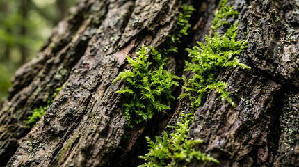 Obraz premium Bright green moss growing on rough textured tree bark in a forest