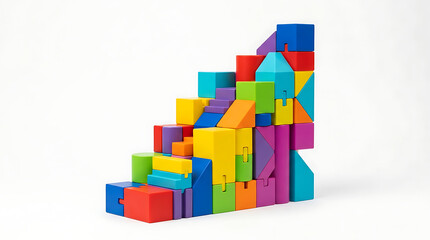 Obraz premium Colorful wooden building blocks arranged in a staircase formation on a white background