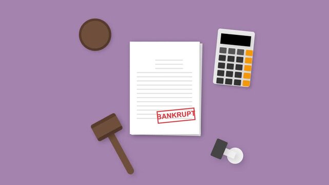 Bankrupt stamp animation on document with calculator and gavel