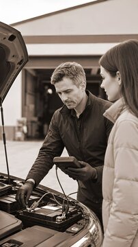 Mechanic checks car battery with a diagnostic tool. A female customer watches the repair process. This scene illustrates professional automotive service and customer interaction.