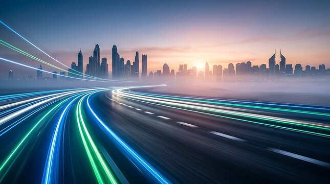 City skyline with light trails on a highway at sunrise with glowing light streaks