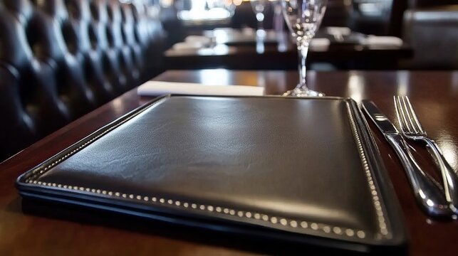 Close-up of a sleek black leather restaurant menu resting on a glossy table beside silverware and a wine glass in an upscale dining setting