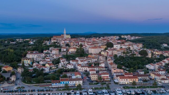 Vrsar old town and marina at twilight, aerial reveal hyperlapse, Istria, Croatia