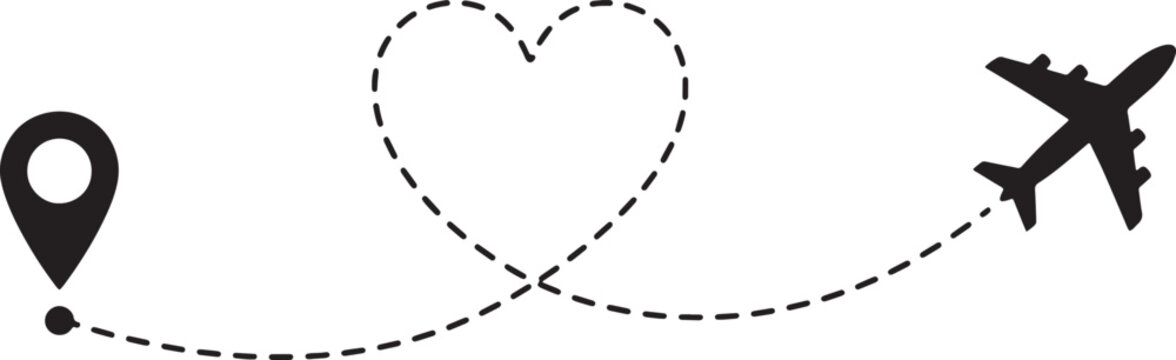 Airplane travel route icon with a heart shaped dashed line path and a location pin for tourism
