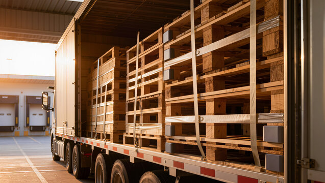 Truck parked at a loading dock with its trailer filled by stacked wooden pallets and white lashing straps under a bright canopy roof