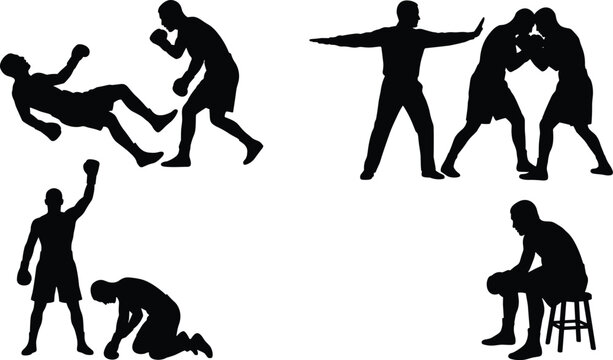 Boxing match silhouette vector set featuring knockdown falls referee interventions winner celebrations defeated opponents and corner stool rest poses\