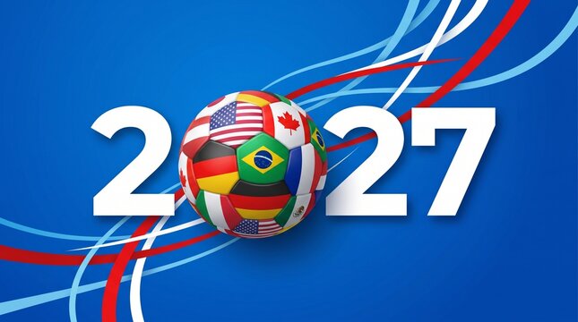 International soccer championship 2027 banner with world flags football. Global sports tournament 2027 celebration on blue background. Professional soccer ball with national flag patterns design.