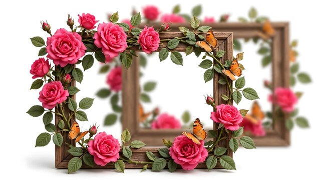 Vibrant pink roses entwined around rustic wooden picture frames against a crisp white background with orange butterflies fluttering near delicate green leaves creating an elegant floral 
