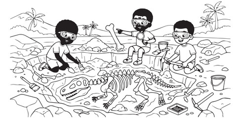 Group of children paleontologists excavating a dinosaur skeleton in an outdoor dig site. Black and white line art illustration of young students exploring fossils at an archaeological site. © AshfaqAman