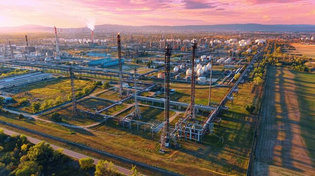 Steel tower structures at industrial facility boundary. Tall lattice posts stand along green field edge under pink sunset clouds.