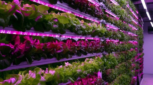 Vertical farm wall with hydroponic lettuce rows under pink LED lights