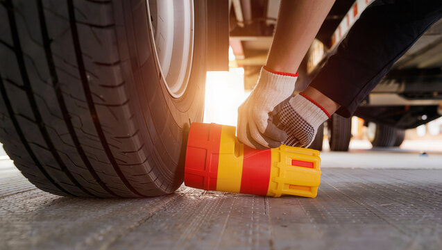 Gloved hands press a ribbed red and yellow chock against the tread of a parked truck tire, sunlight breaking through the wheel arch behind.