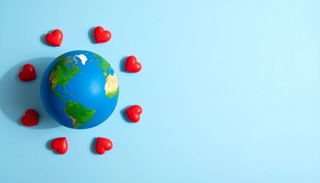 Celebrating World Heart Day with a symbolic globe surrounded by red hearts to represent global compassion and love for our planet and humanity