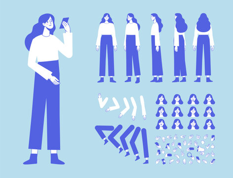 Woman with cellphone animation monochrome character turnaround with front, side and back views. Flat vector woman character sheet for animation, motion design and character creation.