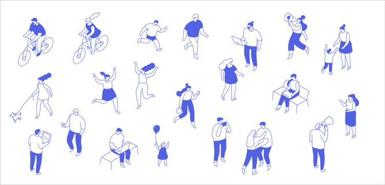 Isometric Monochrome people vector set. One color people crowd. Men and women, kids outdoor isolated on white background