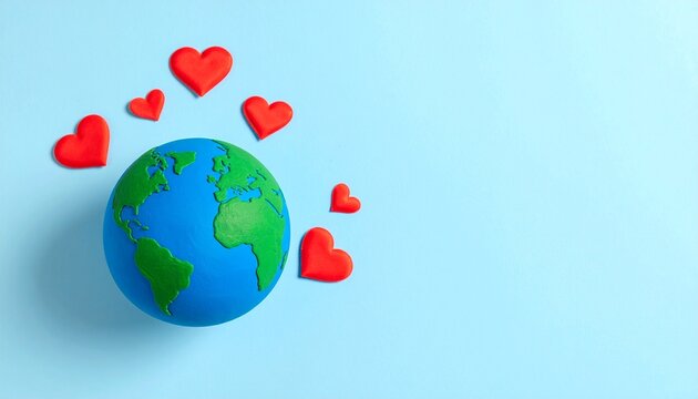 Earth globe with floating red hearts representing global love and unity on world heart day for environmental care and health awareness campaign