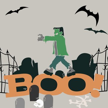 Vector graphic zombie walking over tombstone in front of large orange boo! Lettering and flaying bats.