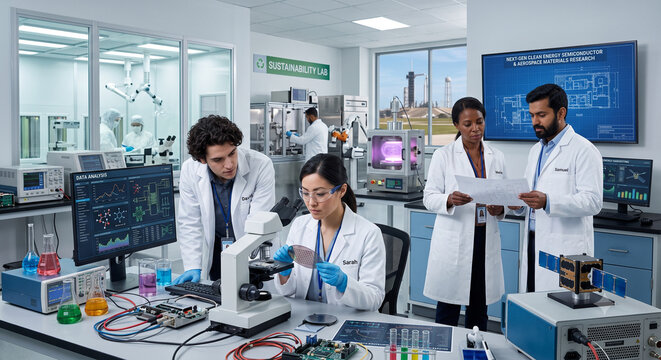 Diverse Team of Scientists Conducting Interdisciplinary Research in Green Energy, Space Materials, and Advanced Semiconductor Technology in a Modern Lab