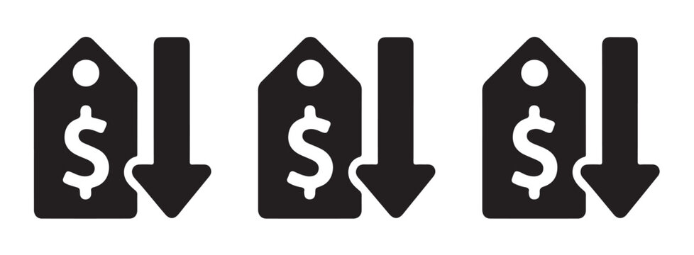 Black dollar price tag with down arrow vector icon for price reduction and decrease.