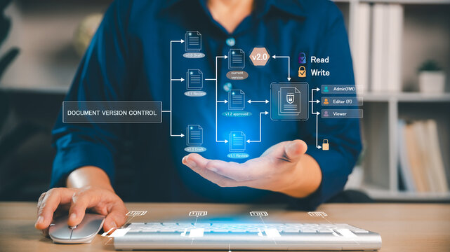 Document version control concept with digital files, approval stages, read and write permissions, user roles, and secure access, illustrating collaboration, governance, and workflow management.
