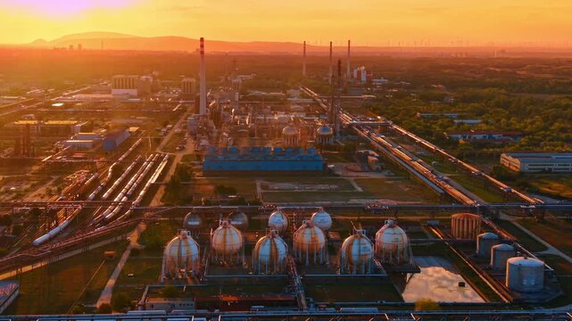 Spherical gas storage tanks at an industrial plant. Round pressure vessels stand in rows beside factory chimneys in orange evening light.