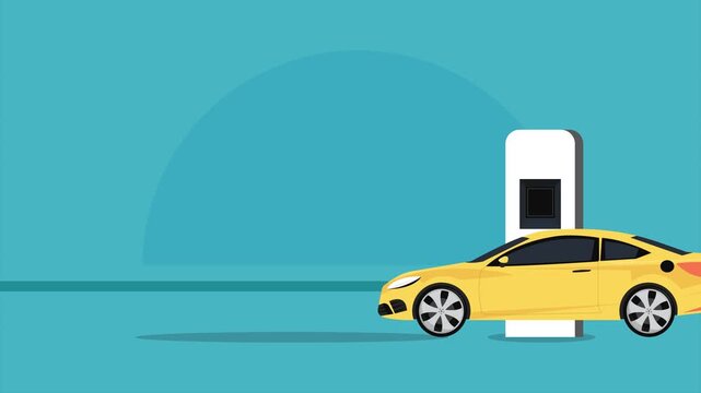 Yellow electric car drives up to charging station plug-in and charges battery in flat vector animation style on blue background with smooth motion graphic.