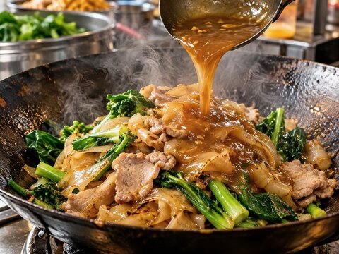 Thai Rad Na with Pork and Chinese Kale. Wide Rice Noodles in Thick Savory Gravy. For Thai restaurant digital menus, food delivery app promotions, Asian culinary recipe blogs, gastronomy publications