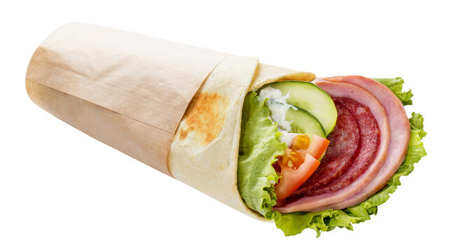 Lavash wrap filled with ham, salami, lettuce, cucumber, and tomato, isolated on transparent cutout background