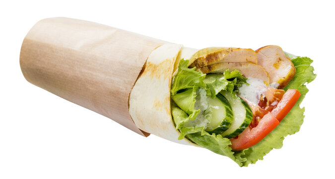 Chicken tortilla wrap with lettuce, cucumber tomato, and sauce, isolated on transparent cutout background