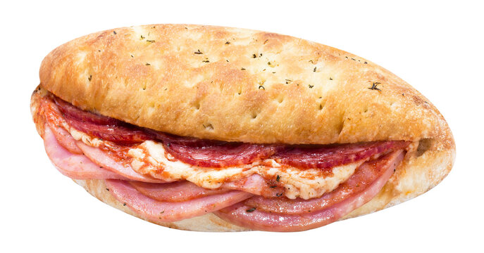 Hot baked ham salami and melted cheese sub sandwich, isolated on transparent cutout background