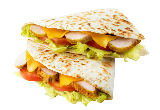 Stacked chicken lavash sandwiches with cheese, lettuce, and tomato, isolated on transparent cutout background