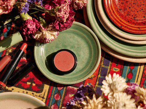 Cosmetics and dried flowers arranged with colorful makeup on patterned textile beside layered ceramic plates in warm sunlight, overhead flat lay still life composition