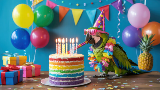 A colorful parrot wears a party hat and glasses for a rainbow birthday celebration