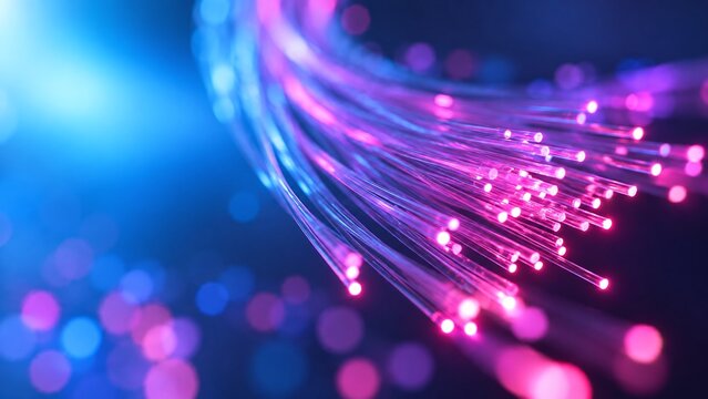 Glowing fiber optic cables transmitting data with vibrant pink and blue light streams representing modern telecommunication technology