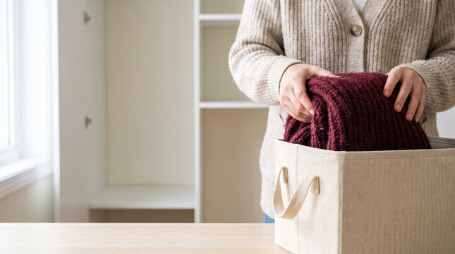 Close up of hands packing neatly folded warm winter sweater into fabric storage box organizer for home decluttering and seasonal clothes storage solution