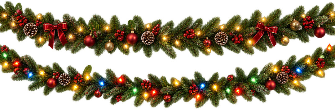 Christmas Evergreen Garland with Ornaments Bows Pinecones and Colorful Lights isolated transparent background