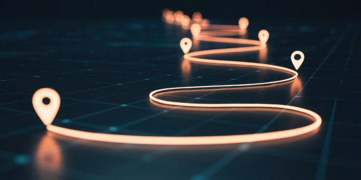 Glowing digital map path with location pins on dark grid background