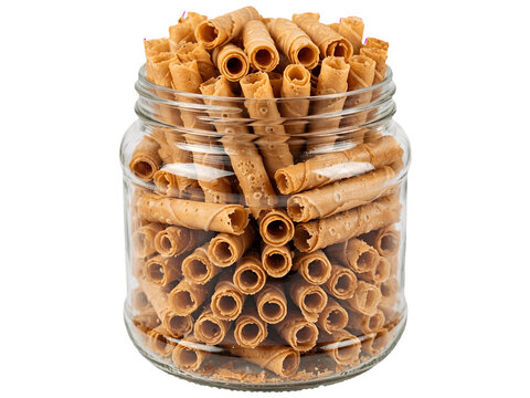Clean flat vector illustration of cak pisang semprong, traditional Indonesian rolled banana wafer snack. Golden brown crispy egg rolls isolated on transparent background PNG 4:3 ratio. Perfect for foo