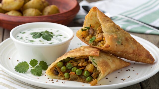 Indian spicy vegetable samosa served with mint yogurt sauce on a plate