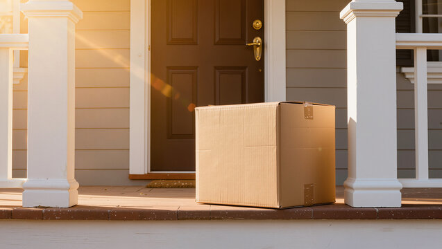 A parcel has been left on a brick edged porch beside a partly open dark door, warm light streaking across the siding and the white posts.