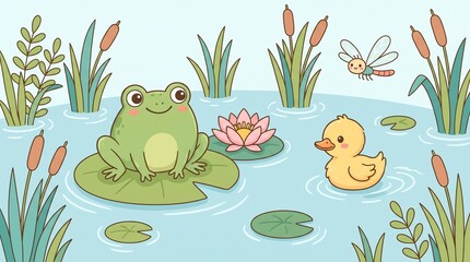 Obraz premium Cute Kawaii Frog and Duckling in Pond Cartoon Illustration